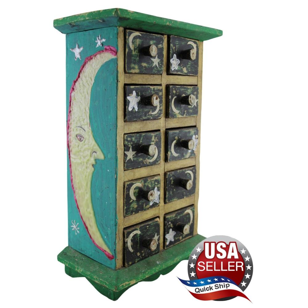 VTG Folk Art Mini 10 Drawer Wood Chest • Handmade & Painted • Sun Moons & Stars